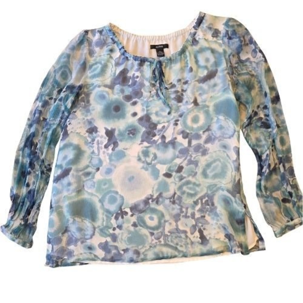 Alfani Women's Sz M Blue Floral Print Flowy Blouse Long Sleeve‎ Work Sheer Lined